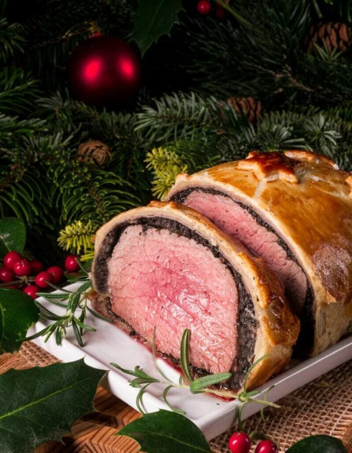 Beef-Wellington-with-Dauphinoise-Potatoes-Roasted-Shallots-and-Madeira-Jus